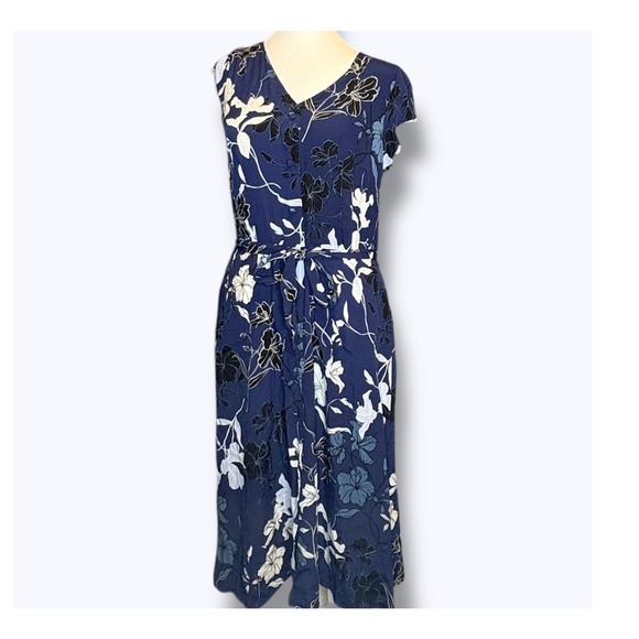 Talbots Dresses & Skirts - Talbots Petite Womens Floral Midi Dress‎ Size 12P Navy Blue Button Front Easter